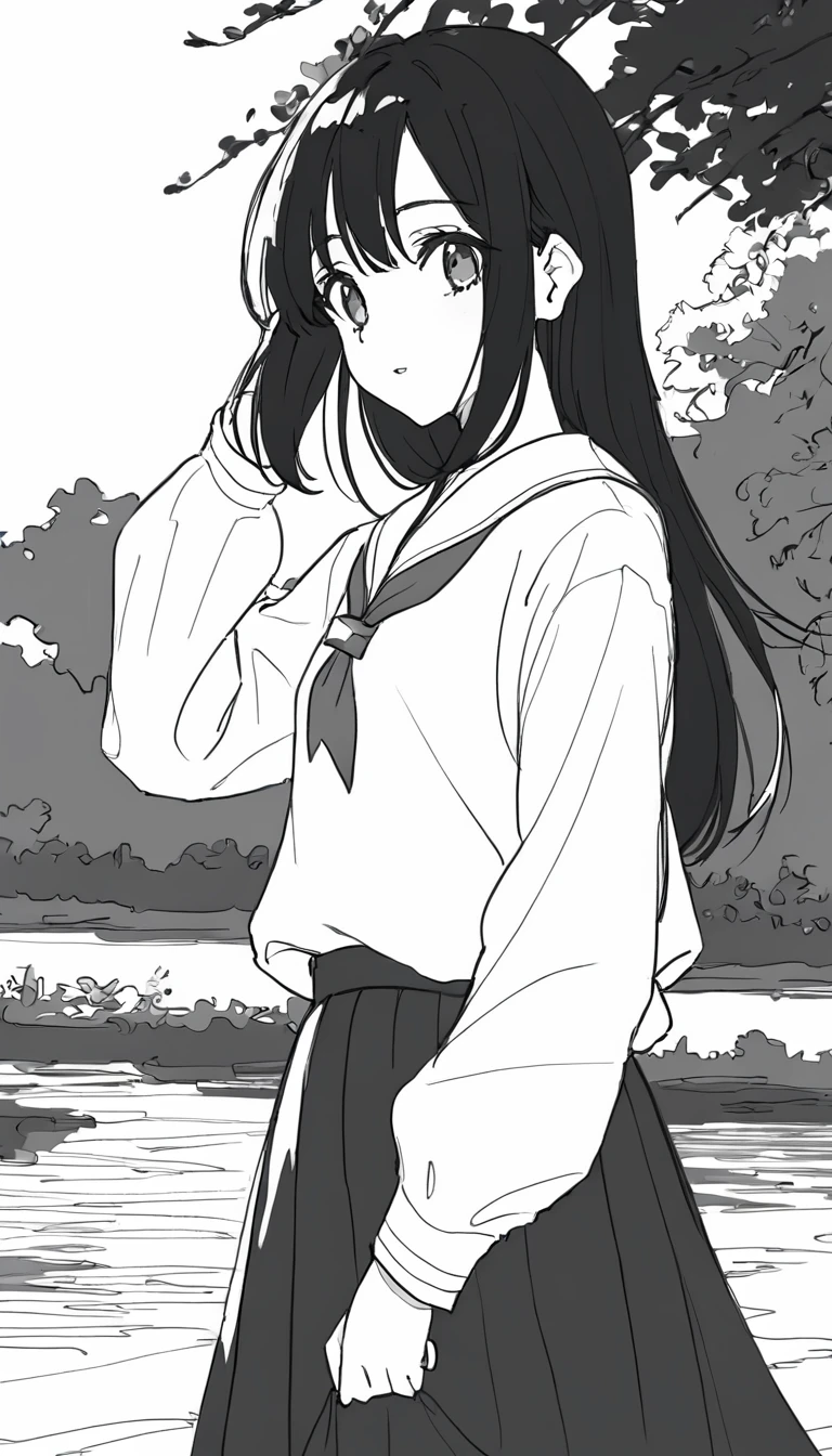 One Girl,Line art,Monochrome,sketch,Black and White,Pencil drawing,Traditional Media,Sketch,One Girl, skirt,Cute Teenage Girls, ,Beautiful portrait、Delicate body、Black Hair、Black Hair,landscape
