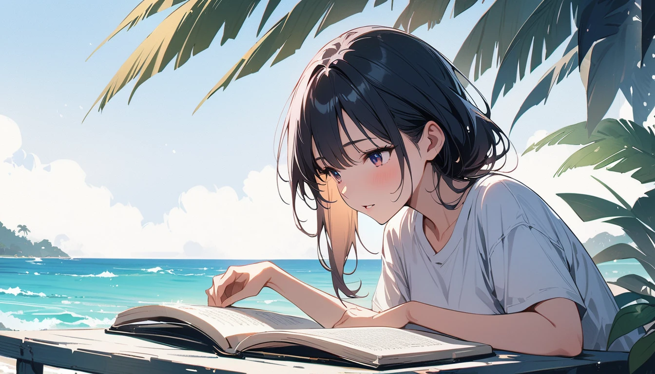 (masterpiece, Highest quality:1.2), 1 Girl, alone,Eyes open,I have a book,Tropical atmosphere,Ocean