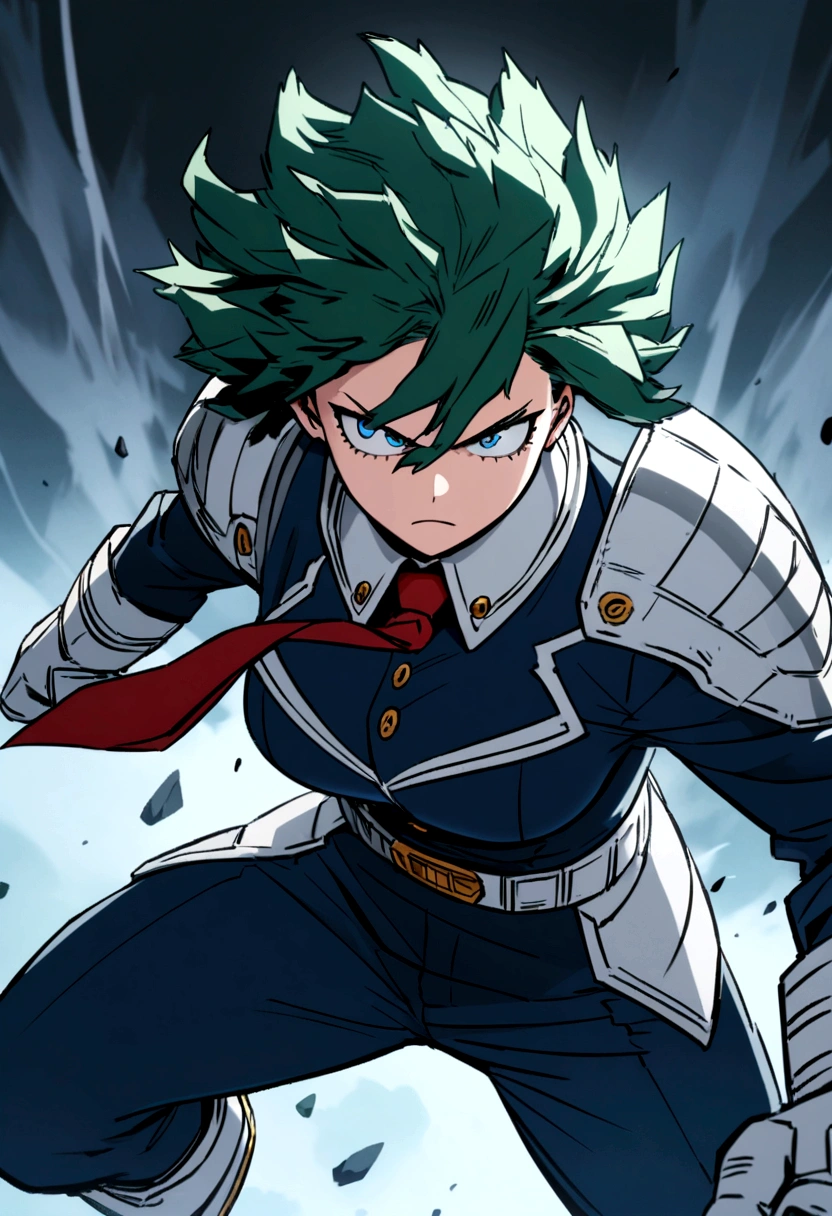 Screenshot of boku no hero academia. beautiful woman, short green hair, blue eyes, serious expression, uniform gray jacket and red tie, whole body. looking ahead