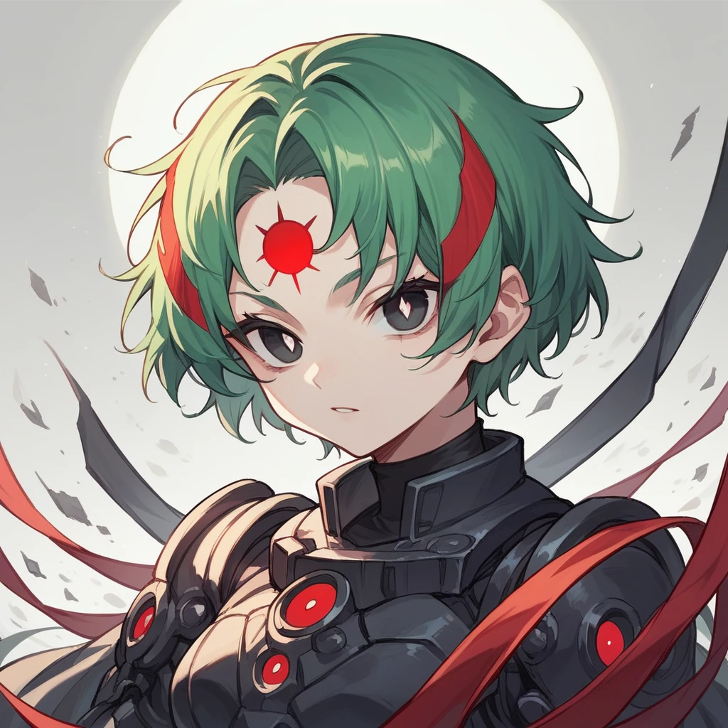 1girl, light skin, short green hair with a red stripe on the forehead, black eyes, white pupils, black technological suit, expression, dark circles, anime style, digital art.