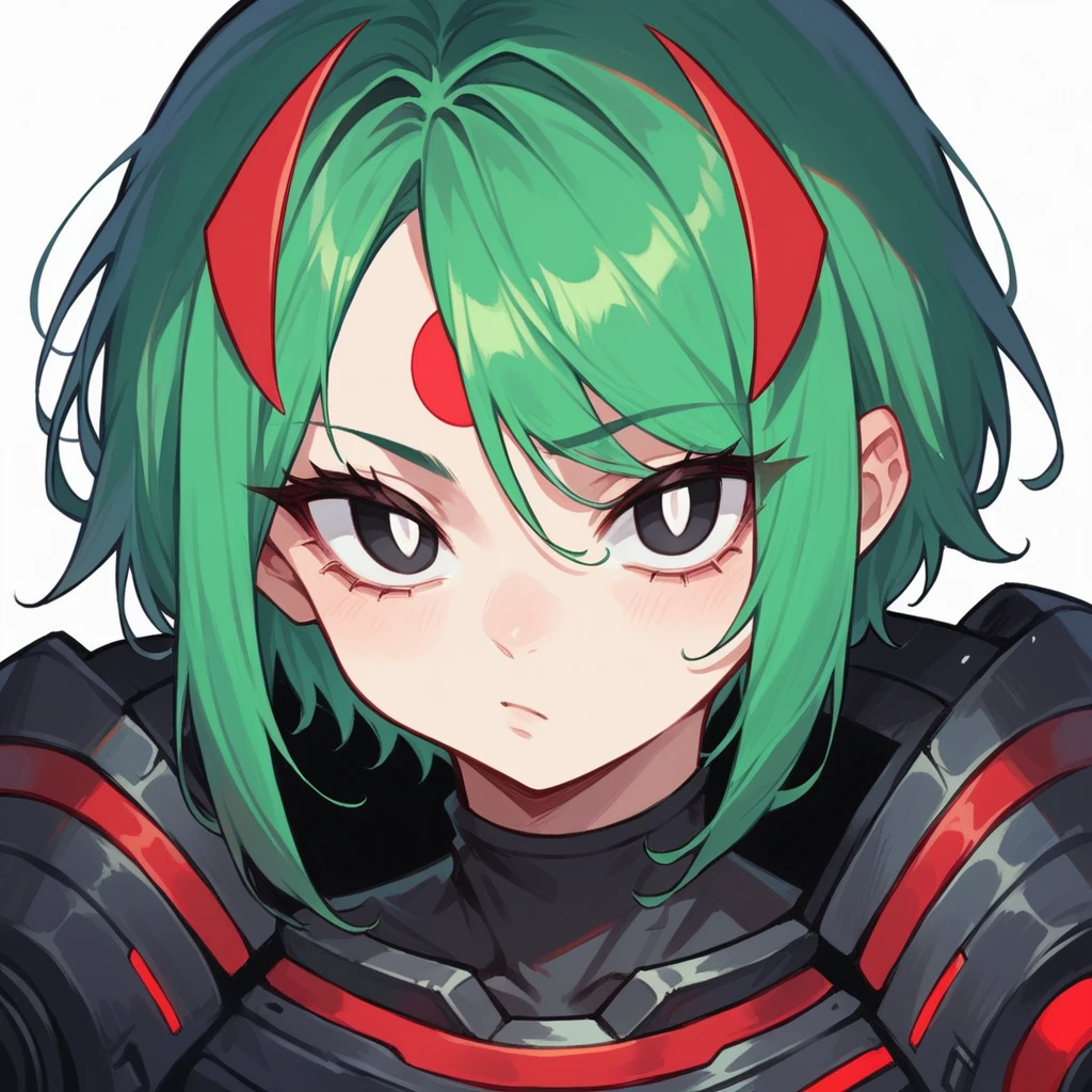 1girl, light skin, short green hair with a red stripe on the forehead, black eyes, white pupils, black technological suit, expression, dark circles, anime style, digital art.