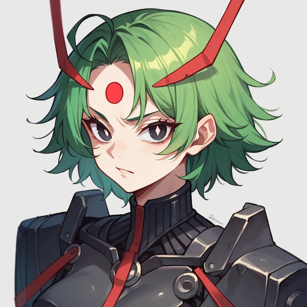 1girl, light skin, short green hair with a red stripe on the forehead, black eyes, white pupils, black technological suit, expression, dark circles, anime style, digital art.