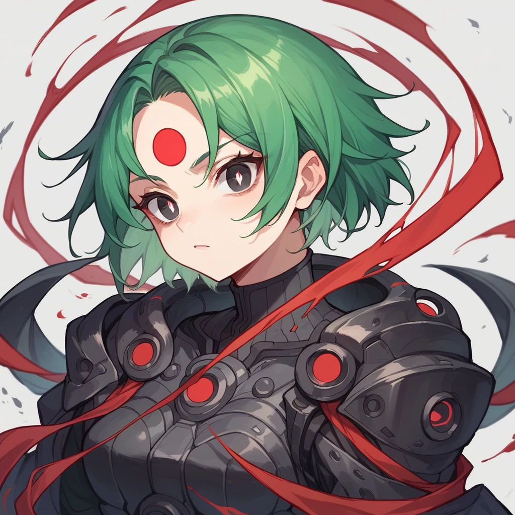 1girl, light skin, short green hair with a red stripe on the forehead, black eyes, white pupils, black technological suit, expression, dark circles, anime style, digital art.