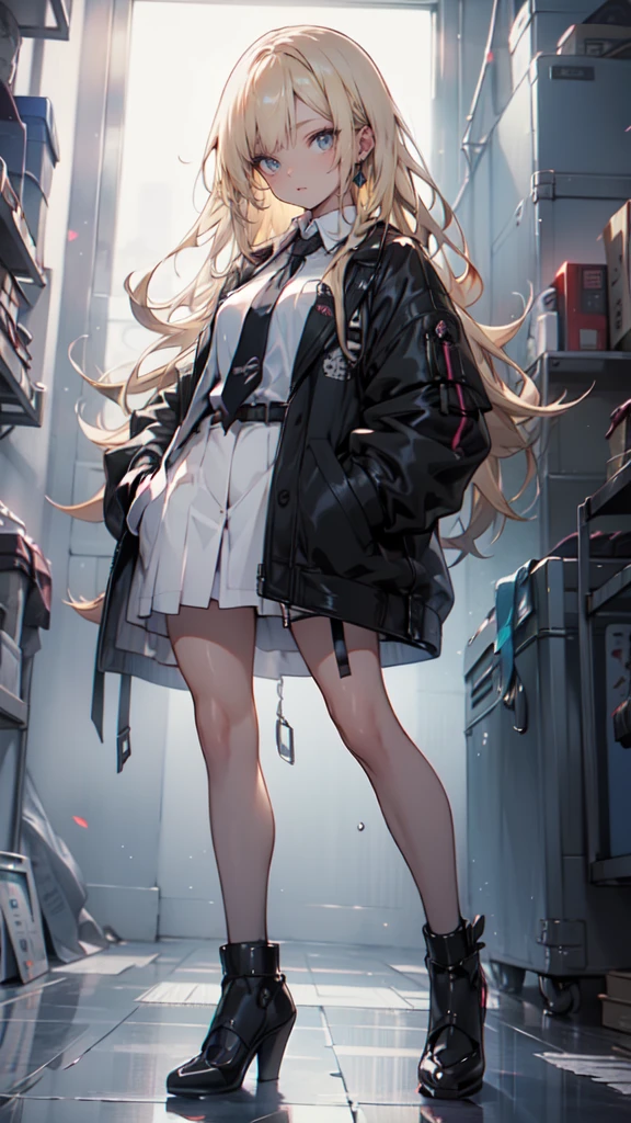 A beautiful young anime girl with long blonde hair, wearing a black jacket and tie, standing with her hand in her pocket and black high heels, highly detailed anime style portrait, clean and detailed anime visual, moe anime artistic style, high quality anime style, photorealistic, 8k, best quality, masterpiece, ultra-detailed, sharp focus, physically-based rendering, vivid colors