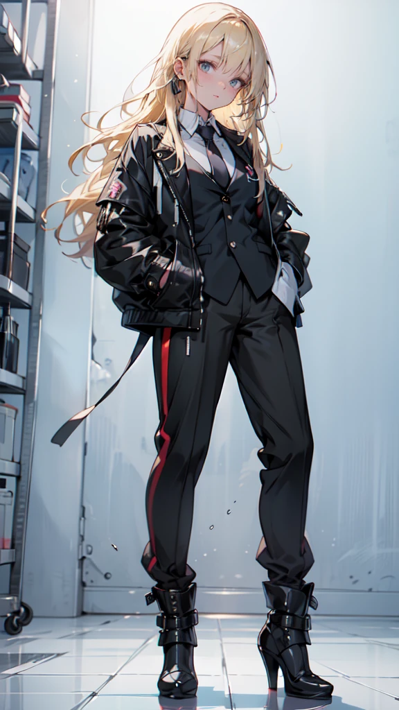 A beautiful young anime girl with long blonde hair, wearing a black jacket and tie, standing with her hand in her pocket and black high heels, highly detailed anime style portrait, clean and detailed anime visual, moe anime artistic style, high quality anime style, photorealistic, 8k, best quality, masterpiece, ultra-detailed, sharp focus, physically-based rendering, vivid colors
