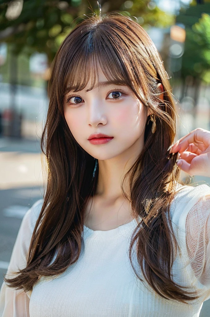 (masterpiece:1.5)、(Realistic:1.5)、(Highest quality:1.4、8K、RAW Photos）、 Ultra-high resolution、Professional Lighting、Perfect dynamic composition、Film Grain、chromatic aberration、(Bokeh:1.1)、 Frank、Sophisticated、charm、超Realistic、High detail、Golden Ratio、 (1 Girl)、Slender girl、繊細でcharm女の子、Cute Woman:1.4、 Serious expression、Looking at the audience、Light brown hair、Shiny Hair、The hairstyle is long hair、 Realistic looking skin、 shut up.、Beautiful Eyes、double eyelid、Thin arms、Big Breasts