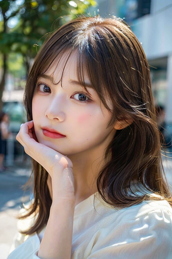 (masterpiece:1.5)、(Realistic:1.5)、(Highest quality:1.4、8K、RAW Photos)、 Ultra-high resolution、Professional Lighting、Perfect dynamic composition、Film Grain、chromatic aberration、(Bokeh:1.1)、 Frank、Sophisticated、charm、超Realistic、High detail、Golden Ratio、 (1 Girl)、Slender girl、繊細でcharm女の子、Cute Woman:1.4、 Serious expression、Looking at the audience、Light brown hair、Shiny Hair、The hairstyle is long hair、 Realistic looking skin、 shut up.、Beautiful Eyes、double eyelid、Thin arms、Big Breasts