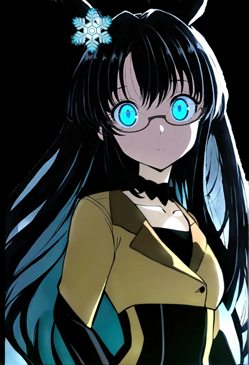 Anime Girls with blue eyes and black hair with a white flower in her hair, Anime Moe Art Style, gothic maiden Anime Girls, Her eyes have black anime pupils, With glowing eyes, 1 7 year old anime girl, Anime Girls wearing a black dress, With ghostly eyes and glasses, With big bright sad eyes, Glowing blue eyes, (Anime Girls) Brown trench coat