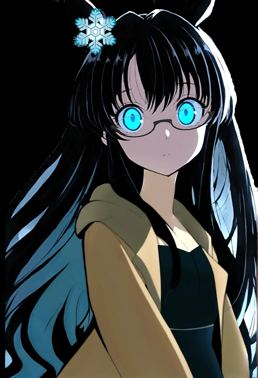 Anime Girls with blue eyes and black hair with a white flower in her hair, Anime Moe Art Style, gothic maiden Anime Girls, Her eyes have black anime pupils, With glowing eyes, 1 7  anime girl, Anime Girls wearing a black dress, With ghostly eyes and glasses, With big bright sad eyes, Glowing blue eyes, (Anime Girls)　Brown trench coat