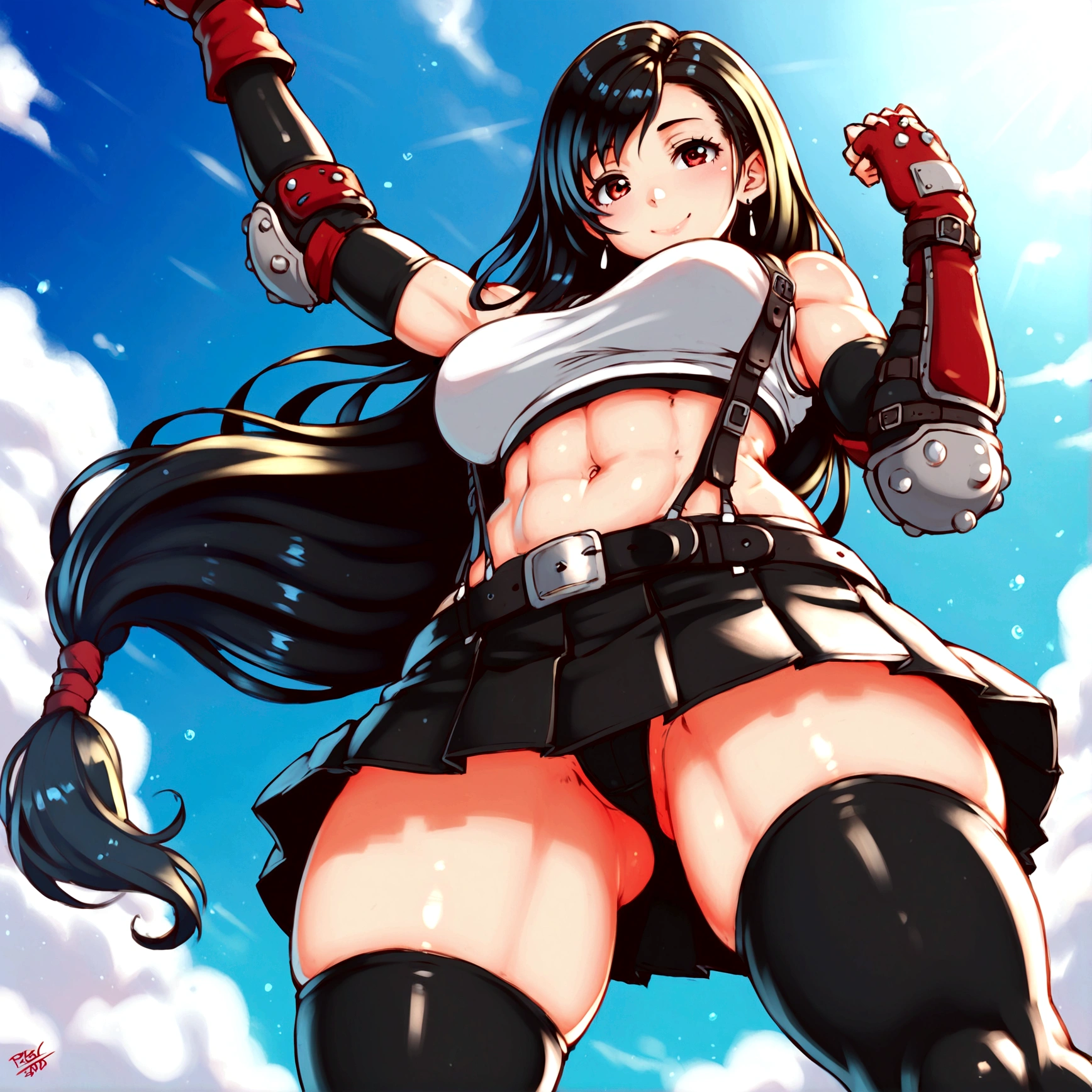 score_9, score_8_up, score_7_up,score_6, score_5,BREAK , from behind,from below,standing, legs apart, bent over, upside-down,.,(mediumshot),straight-on, ,1girl, tifa lockhart, final fantasy, tareme,black hair, low-tied long hair, red eyes, bangs, (white tank top, belt, pleated skirt, thighhighs, elbow fingerless gloves, elbow pads, midriff, navel,suspender skirt) ,(large_breast),(light smile),Curvy waist,,Solo,,(daytime,outdoor ),detailed,(best quality),(aesthetic,very aesthetic),UHD,HDR,extremely detailed CG unity 8k wallpaper,anime,highly detailed,sharp focus,depth of field,,professional lighting,cinematic lighting, ,