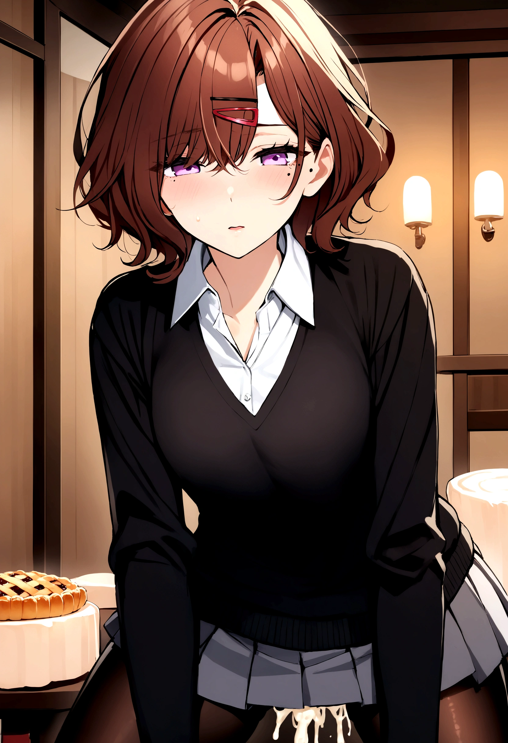 Highest quality, High resolution, One girl, Higuchi Madoka, pantyhose, skirt, Brown Hair, Mole under eye, Mole, hair ornaments, Hair Clip, pleated skirt, short hair,, Long sleeve, bangs, sweater, miniskirt, black sweater, black pantyhose, grey skirt, Collared shirt, Purple eyes, Cowboy Shot,Sex ,cream pie ,cum shot