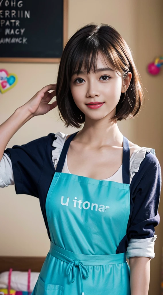 Browsing Caution:1.35、close range、Beautiful woman、cute、((Female Nursery Teacher))、smile、Extra Very Short Hair、((Delicate photo)),(Detailed RAW photos of girls), (Tabletop:1.0), (Highest quality:1.6), (Ultra-high resolution:1.5), (Realistic:1.75), 8K resolution, Absurd, Ultra-detailed,Cinema Lighting,、nursery school、Braid、((Wearing an apron:1.2))、(Hairstyle with bangs)、Long sleeve T-shirt、((Colorful kids room:1.1))、((Lots of toys:1.))、Pleated skirt、((cute壁紙の部屋))、