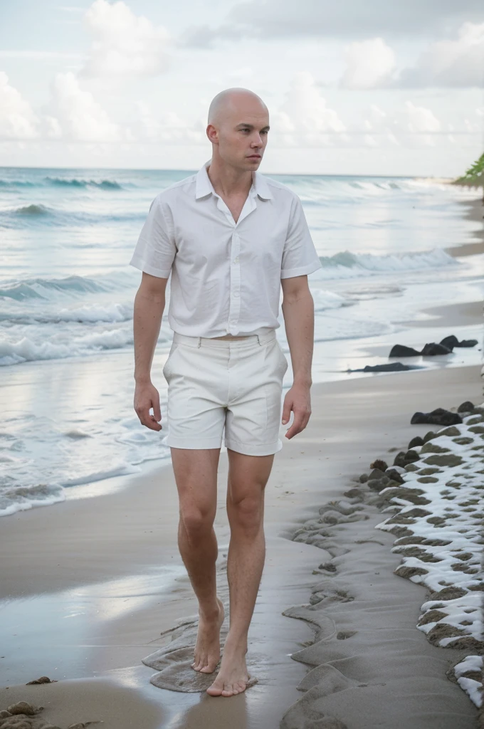 naughty man, offwhite, 30years, Scrawny, baldie, without hair, walking on the beach, barefoot, in white shorts, social blue shirt