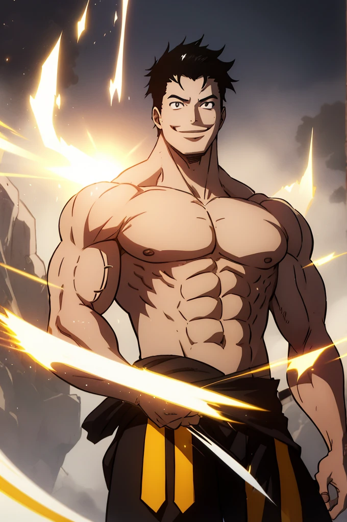 a strong guy, shirtless, long standing black hair, shining gray aura, smiling, pure white eyes, muscular