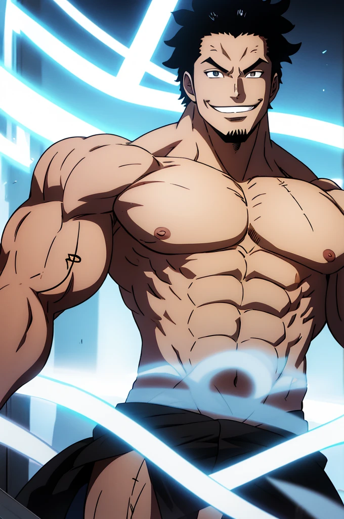 a strong guy, shirtless, long standing black hair, shining gray aura, smiling, pure white eyes, muscular