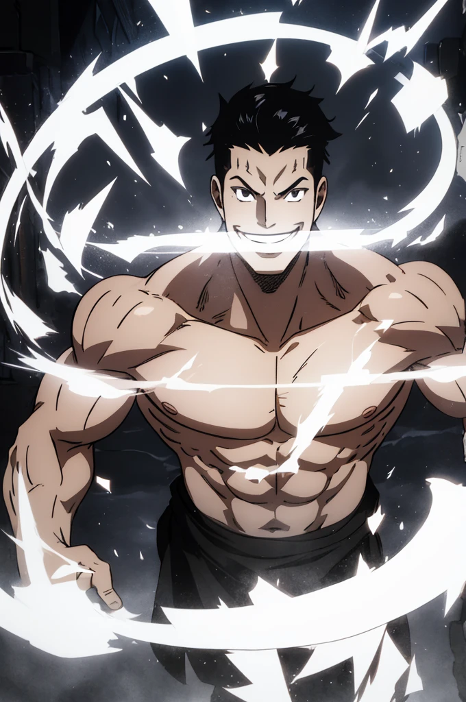 a strong guy, shirtless, long standing black hair, shining gray aura, smiling, pure white eyes, muscular