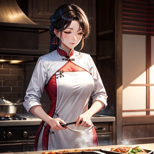 Mature Woman　China dress　Cooking using a wok