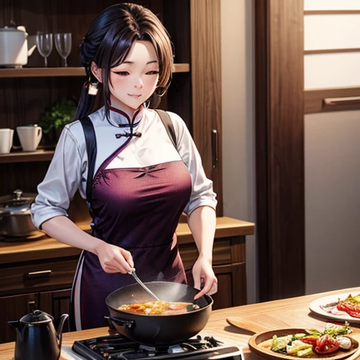 Mature Woman　China dress　Cooking using a wok