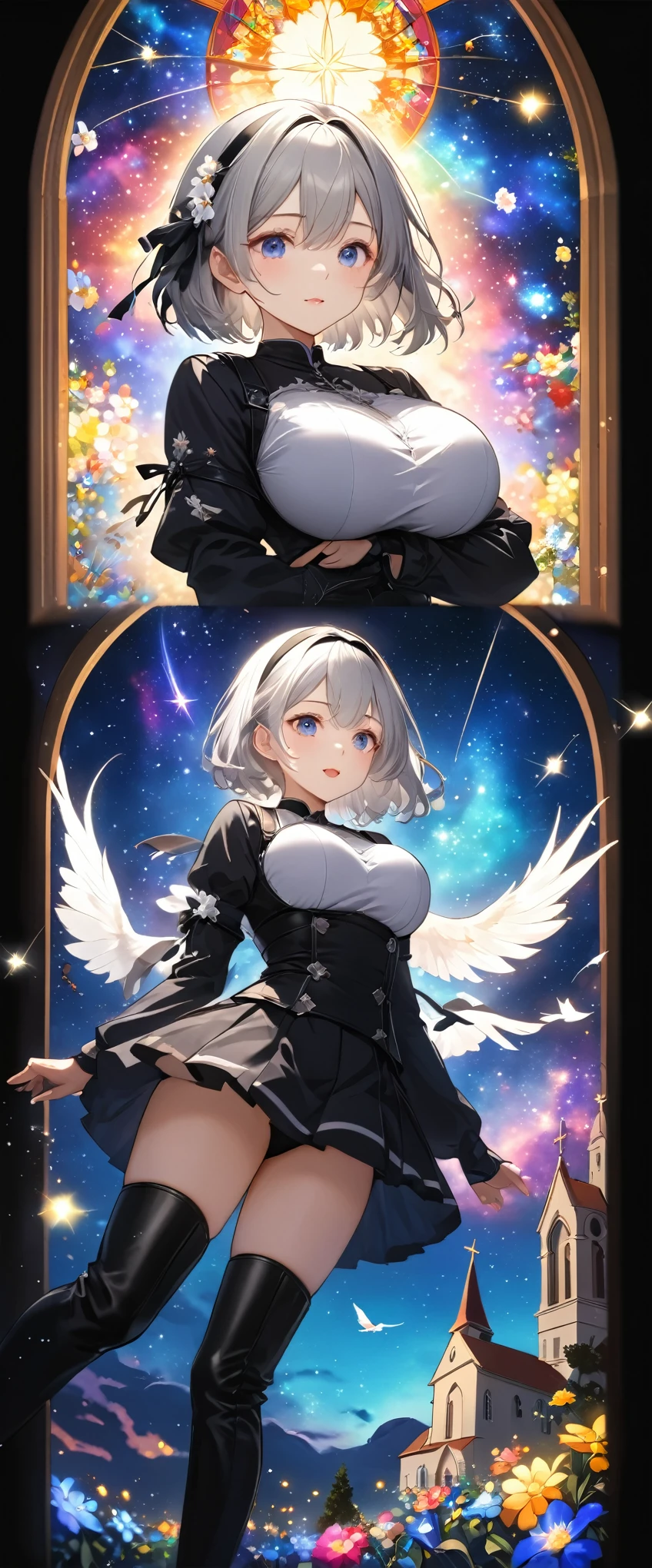 Highest quality, Super quality, 16K, Incredibly absurd, Very detailed, 2.5D, delicate and dynamic, church, Brightly colored stained glass, Small faint lights and flying fireflies, night, Starry Sky, milky way, nebula, shooting star, Flowers, birds, wind and moon, Extremely delicate facial expression, Delicate eye depiction, Upper body close-up, erotic, sole sexy lady, healthy shaped body, 22 years old lady, YoRHa 2b, 170cm tall, huge firm bouncing busts, white short hair, black hair band, YoRHa 2bのコスチューム, black short skirt, black leather long boots