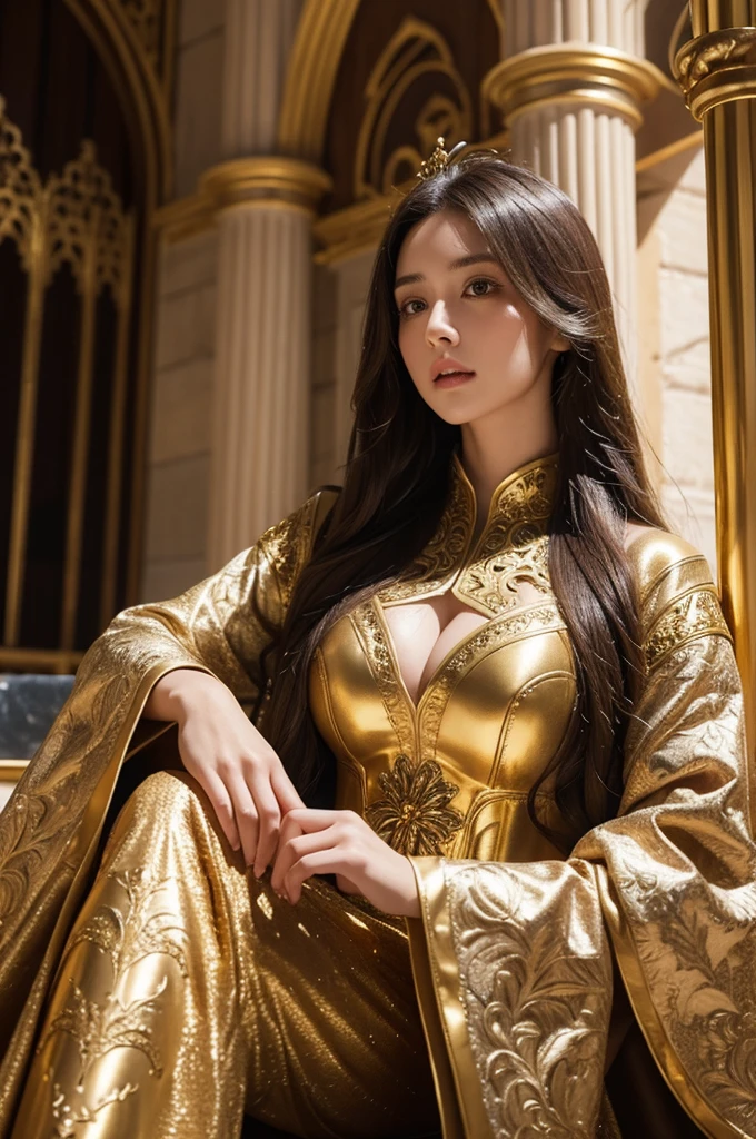 "Young woman in ornate golden armor, intricate floral patterns, medieval fantasy, portrait, soft lighting, architectural background with arches and spires, long dark hair, intense gaze, detailed cosplay, high-end photoshoot, cinematic"