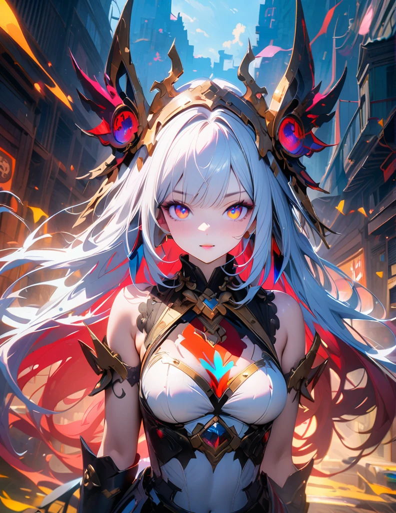 quality(8k wallpaper of extremely detailed CG unit, ​masterpiece, hight resolution, top-quality, top-quality ,hyper realisitic, digitial painting,increase the resolution,RAW photos，best qualtiy,highly detailed,the wallpaper),BREAK,8K, onmyoji-style art Light, full face, mixed color eyes, colorful makeup, white skin, white long  hair,  jewelry, tattoos, nimb 