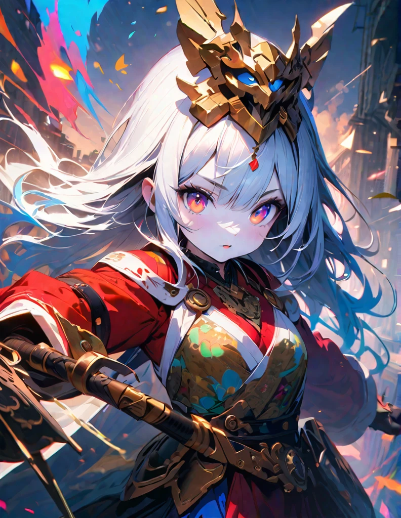 quality(8k wallpaper of extremely detailed CG unit, ​masterpiece, hight resolution, top-quality, top-quality ,hyper realisitic, digitial painting,increase the resolution,RAW photos，best qualtiy,highly detailed,the wallpaper),BREAK,8K, onmyoji-style art Light, full face, mixed color eyes, colorful makeup, white skin, white long  hair,  jewelry, tattoos, nimb 