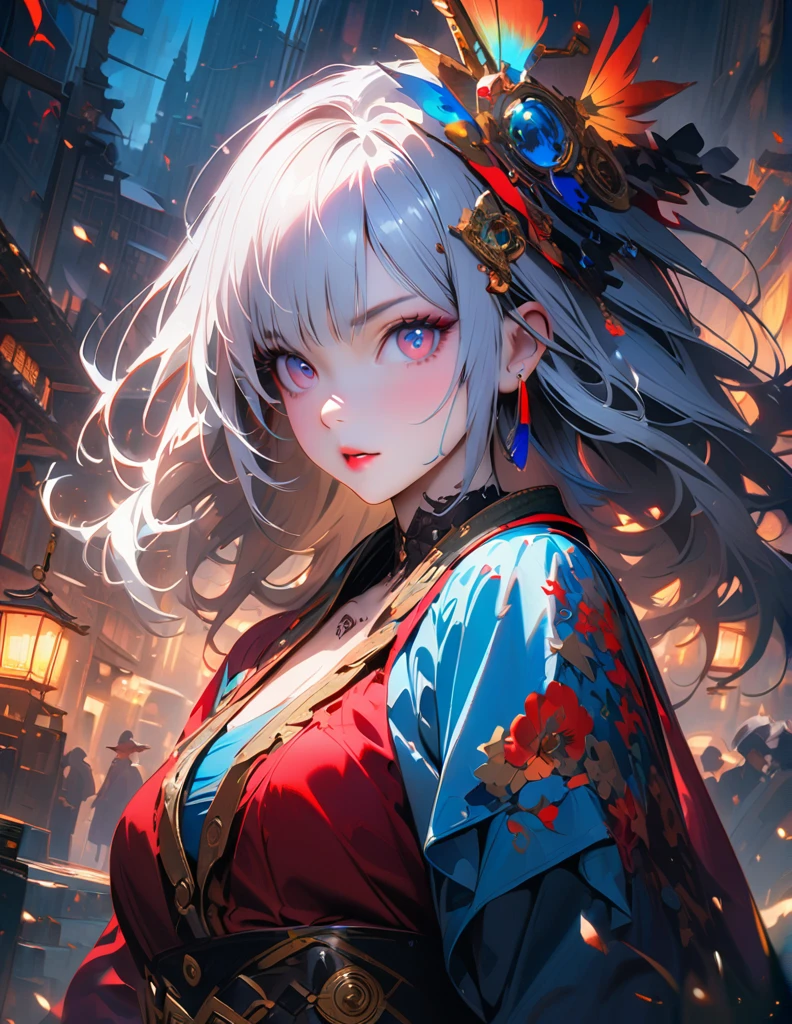 quality(8k wallpaper of extremely detailed CG unit, ​masterpiece, hight resolution, top-quality, top-quality ,hyper realisitic, digitial painting,increase the resolution,RAW photos，best qualtiy,highly detailed,the wallpaper),BREAK,8K, onmyoji-style art Light, full face, mixed color eyes, colorful makeup, white skin, white long  hair,  jewelry, tattoos, nimb 