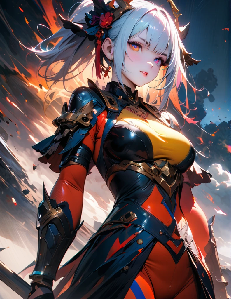 quality(8k wallpaper of extremely detailed CG unit, ​masterpiece, hight resolution, top-quality, top-quality ,hyper realisitic, digitial painting,increase the resolution,RAW photos，best qualtiy,highly detailed,the wallpaper),BREAK,8K, onmyoji-style art Light, full face, mixed color eyes, colorful makeup, white skin, white long  hair,  jewelry, tattoos, nimb 