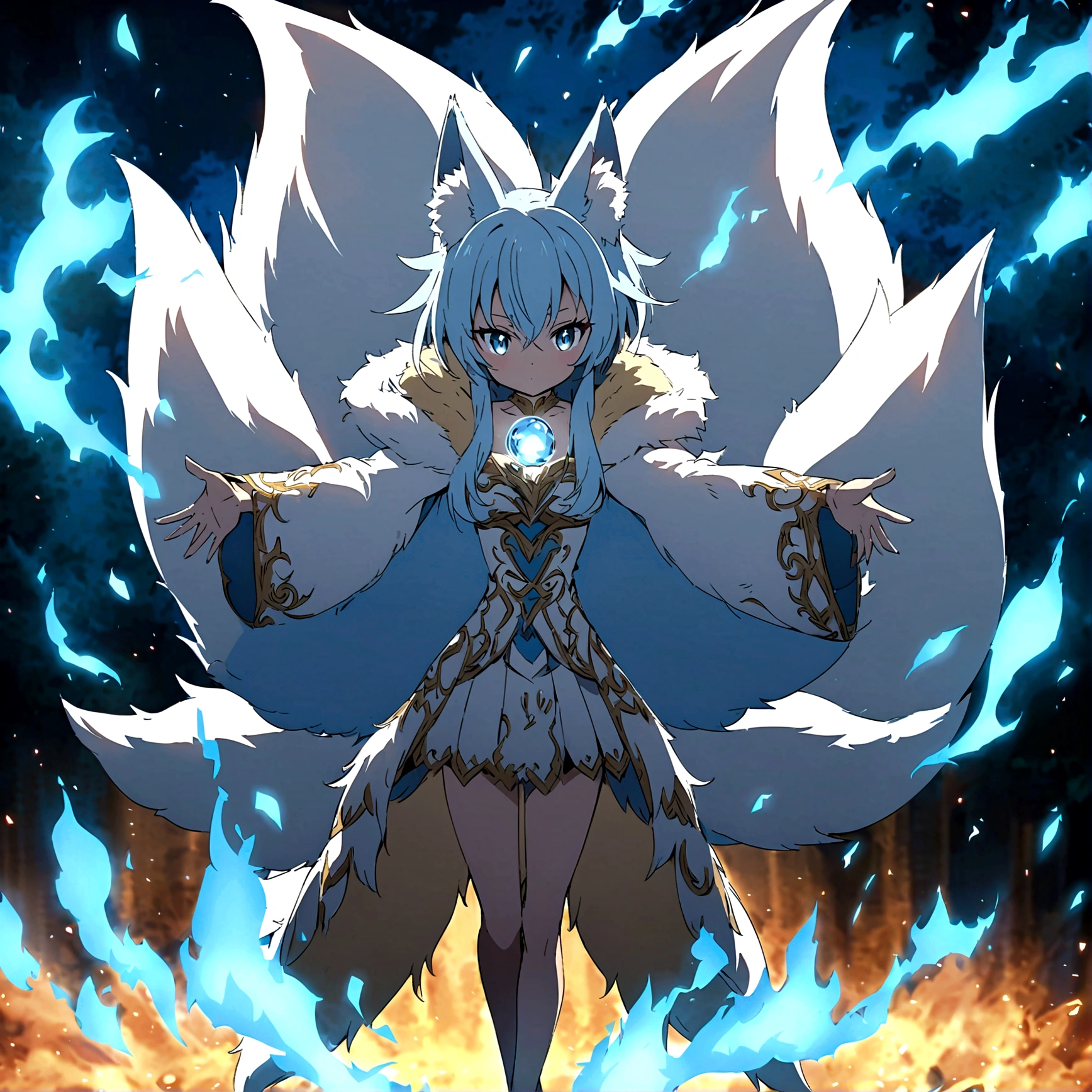 fox Light blue hair 　beast girl　indigo fur　fox beast girl　Anime Style　fox　blue　White-faced golden-haired nine-tailed fox　Coat blue　　　mysterious background　Blue Flame　girl　have a ball of light　fox Light blue hair 　beast girl　indigo fur　fox beast girl