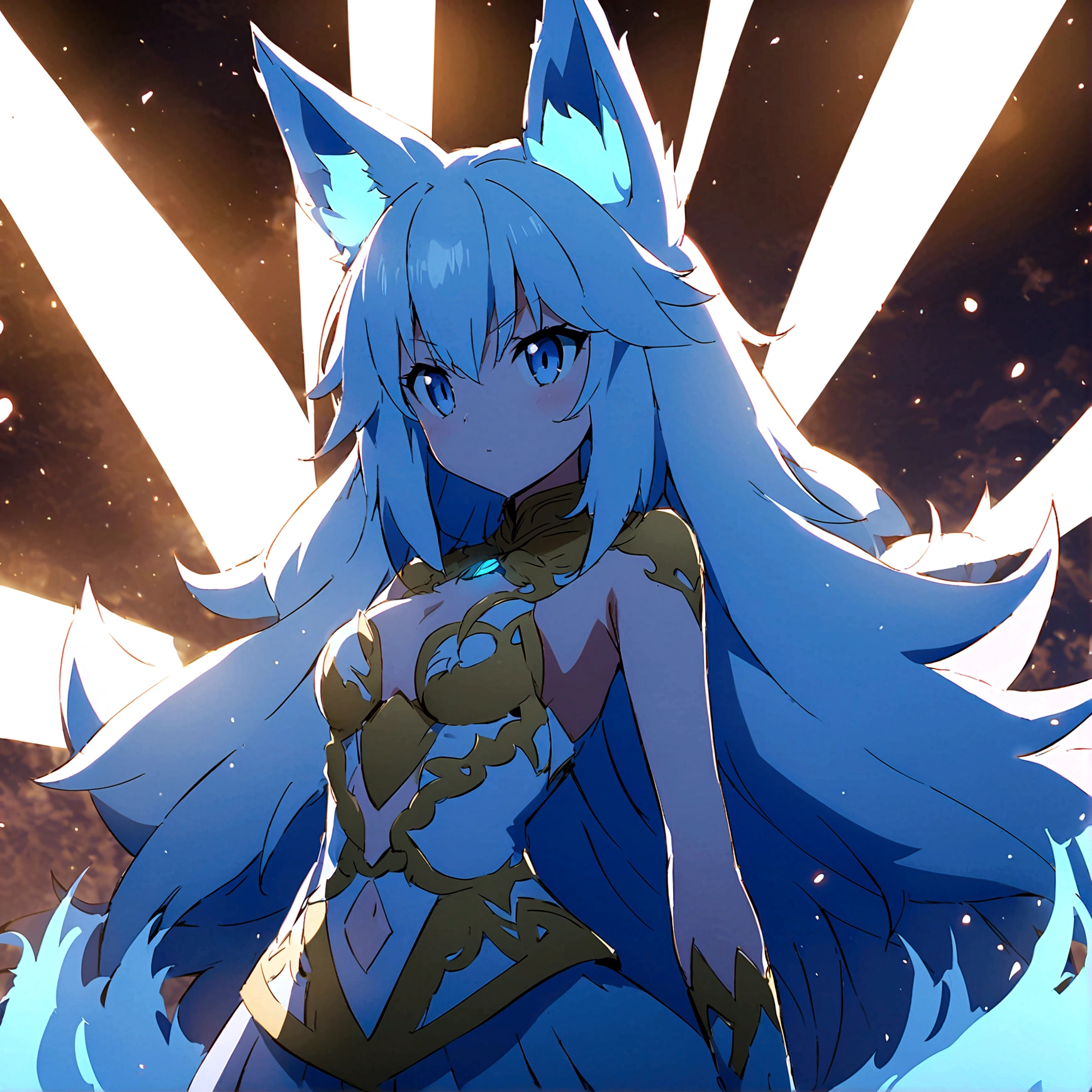 fox Light blue hair beast girl indigo fur fox beast girl Anime Style fox blue White-faced golden-haired nine-tailed fox Coat blue mysterious background Blue Flame girl have a ball of light fox Light blue hair beast girl indigo fur fox beast girl