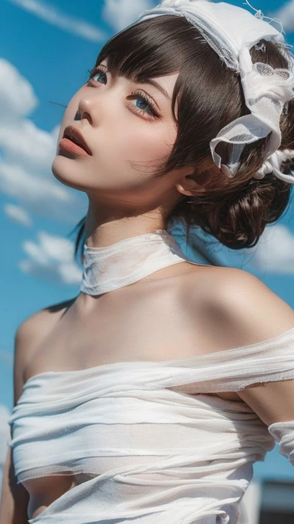 1girl,(background: blue sky with white clouds),looking at viewer,photorealistic,realistic,solo,outdoor,Blue Sky,Upper Body,clothing,8k,Upper Body,portrait