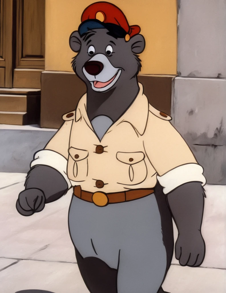 disney style cartoon,  1 boy, Baloo bear, cartoon, face, fluffy, It has, male focus, cap, red headdress, One, yellow shirt,bow tie, (Disney:1.4),( in the artistic style of Picasso:1.2), walking down the street, (comedy photo of the year), screenshot from the 1983 film,