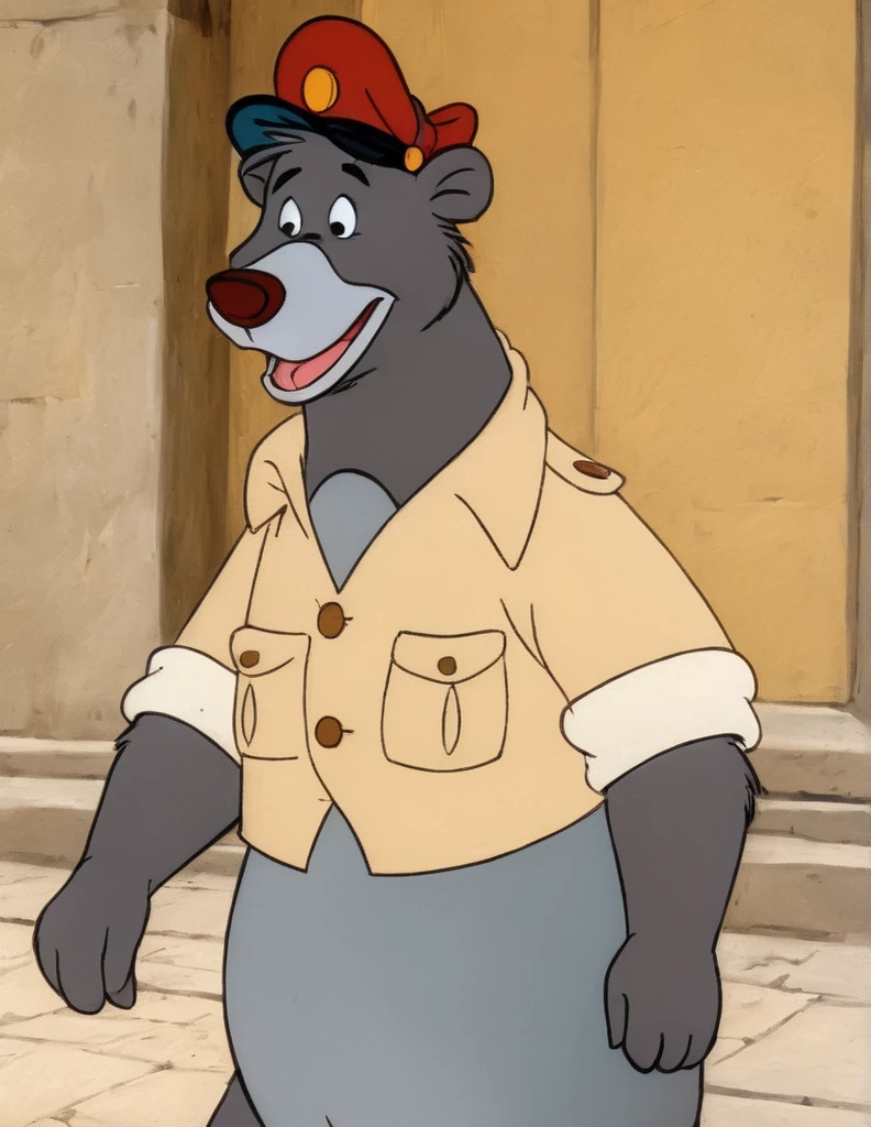 disney style cartoon, 1 boy, Baloo bear, cartoon, face, fluffy, It has, male focus, cap, red headdress, One, yellow shirt,bow tie, (Disney:1.4),( in the artistic style of Picasso:1.2), walking down the street, (comedy photo of the year), screenshot from the 1983 film,
