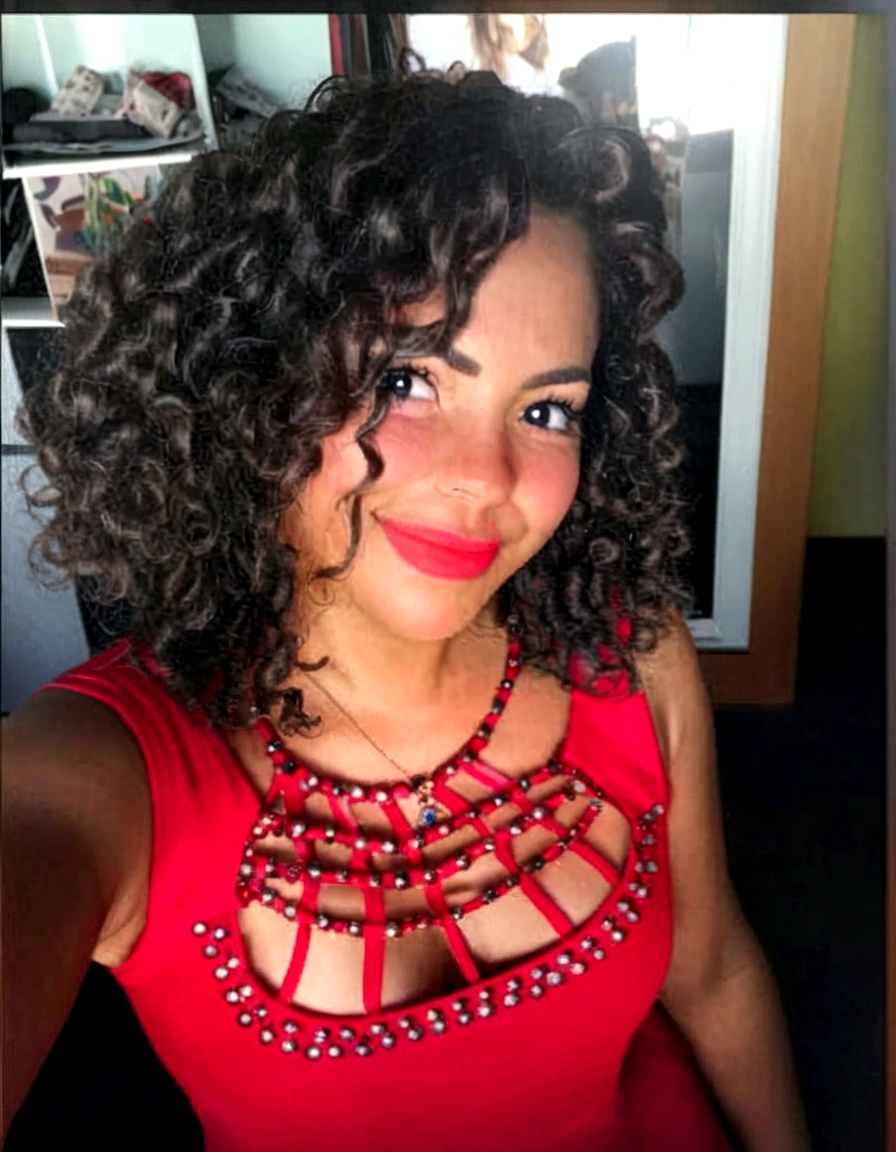 Create a Disney Pixar-inspired poster of a brunette woman with frizzy curly hair and a discreet smile using the photo as a reference in a graphic design office