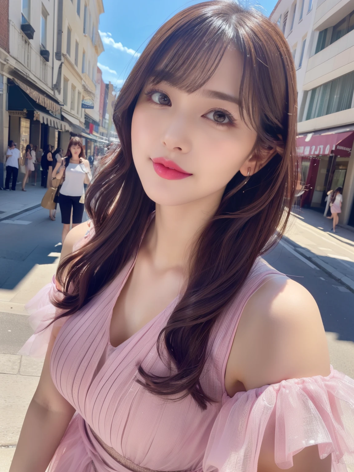 (RAW Photos, highest quality), (Realistic, Photorealistic:1.4), (Masterpiece), (Highest quality), High resolution, 8K resolution, (Intricate details), (Volumetric Light), Portraiture, woman, 30 years old, Medium Hair, Layered Hair, Brown Hair, Highly detailed eyes, Source order, Very thin eyebrows, Highly detailed skin, Highly detailed mouth, Highly detailed nose, Cute like an idol, Slender body, smile, ((Pink lipstick)), ((Look at the viewers)), (An elegant and transparent Deep purple see through short sleeved dress : 1.2), ((Random Body Orientation)), Sunny day cityscape background, Face looking at camera, ((waist shot)),