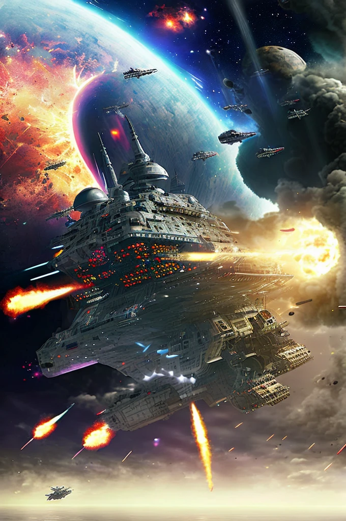 a space carrier warship launching fighters and bombers while a battle rages in the background, masterpiece, best, epic space battle, best, photo realistic space battle