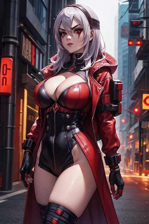 SallyWhitemane, cyberpunk, short open coat, red and black clothing, cyberpunk street in background, ht time, sharp resolution, cletout, highly detailed