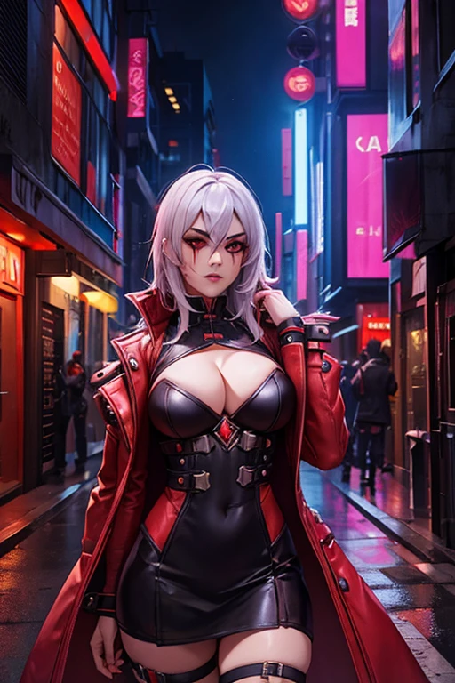 SallyWhitemane, cyberpunk, short open coat, red and black clothing, cyberpunk street in background, night time, sharp resolution, cleavage cutout, highly detailed