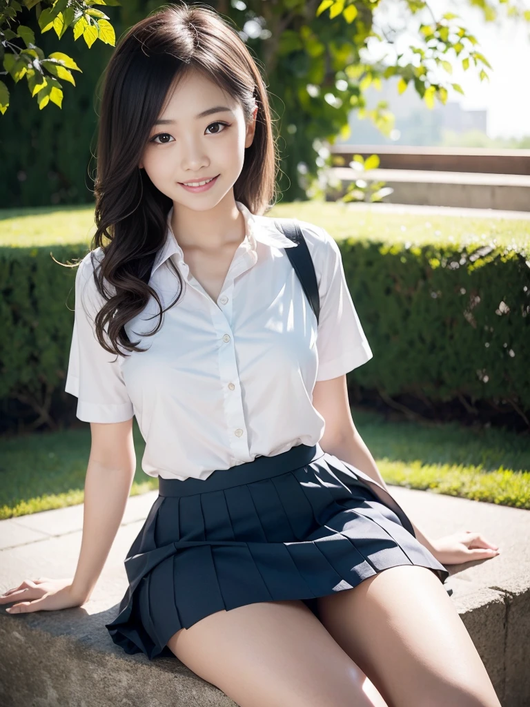 Pure Japanese school girl, no makeup, thick eyebrows, wearing uniforms, natural hair styles, pure smile, natural body, shiny white skin, refreshing in early summer morning sunlight, feeling soft breeze in hair, sitting and relaxing, lift up skirt, panty, little bit sexy mood, sexual attractive, panty, professional portrait photography, composition from the front,