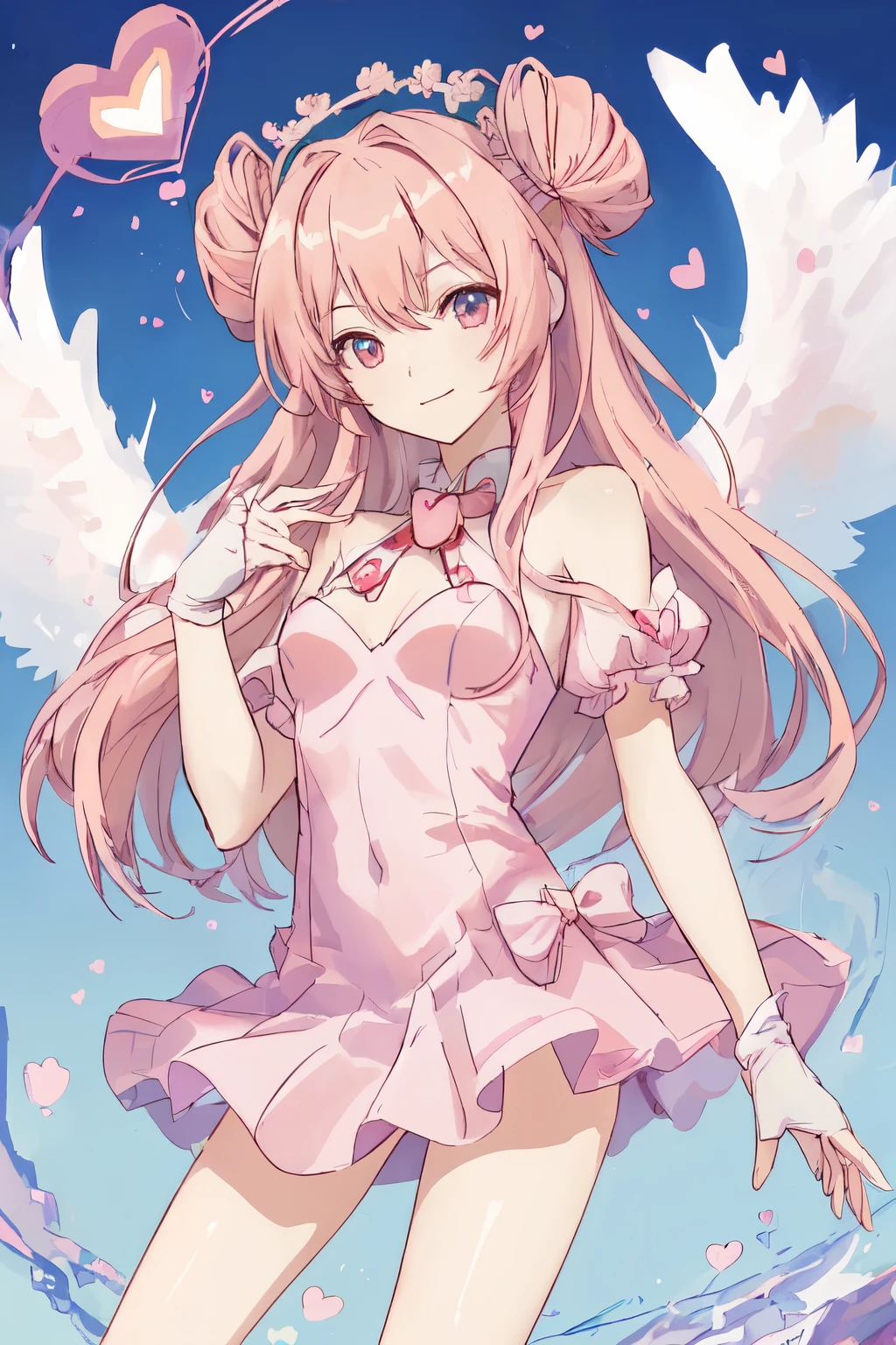 1_girl, (anime, kawai:2), (masterpeice, best_quality, clean:1.5), (sky_background:1.2), (cute, cute_smile, young:1.5), (delicate, beautiful, thin:1.5), (girlfriend, angel:1.8), (green_eyes, simple_eyes:1.5) (long_hair, blond_hair, wearing_pink_dress, pink_angel_wings, sexy_gloves:1.5), extremely_delicate, (love_magic:1.5), (age_size_fits_body), (small_thighs:1.3), (breasts), (eye_level:1.3), (heart_magic, love:1.5)