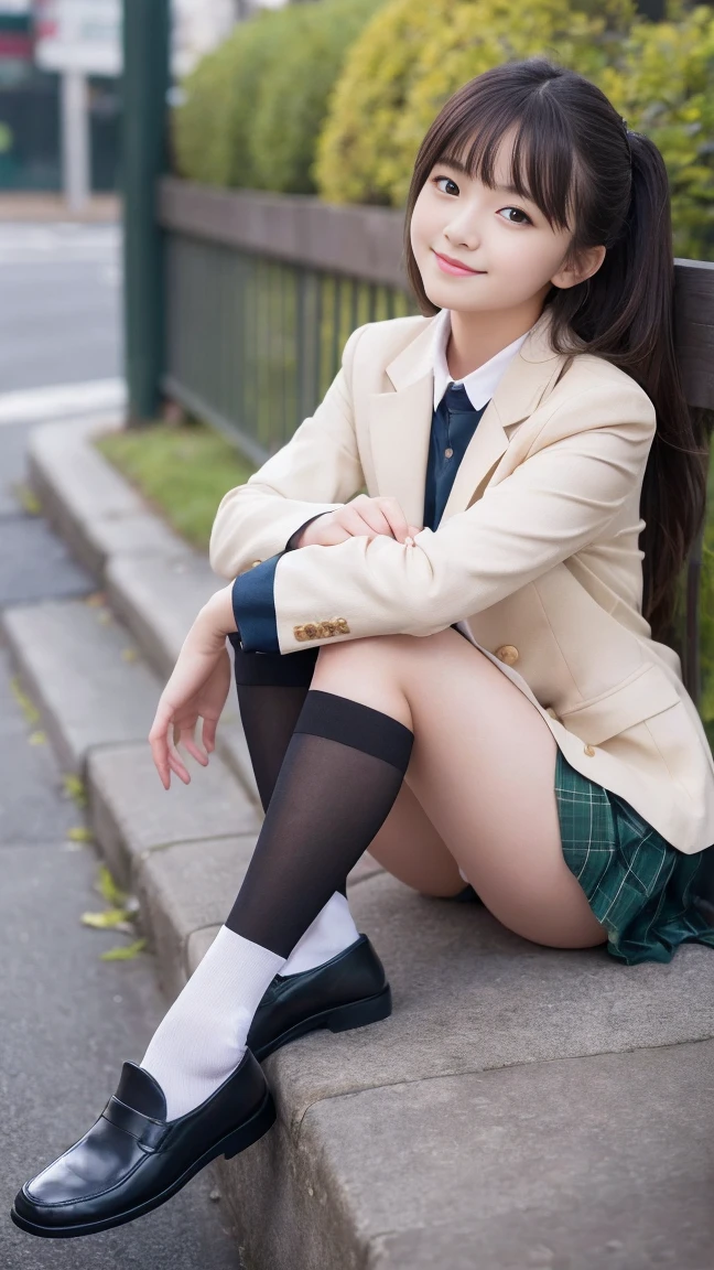 (masterpiece、8k、muste piece、RAW photo:1.4)、High resolution、((far away from the person))、((Full body photo from face to toes))、big eyes and small face、Height: 155cm、Japanese beautiful girl、Smile of a smiling beautiful girl、facing the front、Stand with your feet together, slender、stand up with good posture、Residential area in the morning、realistic、-yeld jubus stop, slender and delicate body、small breasts、Green Blazer Uniform、girls 、plaid skirt、healthy young teenage woman、black tights、Black Knee High Socks、brown loafers leather shoes、Wear loafers、put your feet on the ground、full body shot、full body shot、Neat hairstyle details、Emphasizes the very slender leg line
