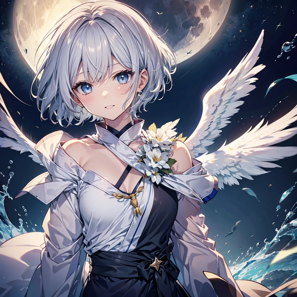 ((((Angel Angelの輪)))) (((Gray Hair short hair blue eyes woman Center close-up))),((night full moon My own big wings)),(Angelの輪 White camisole Gold Light Wearing a cloak), smile Showing teeth Shining Background Shining Edges