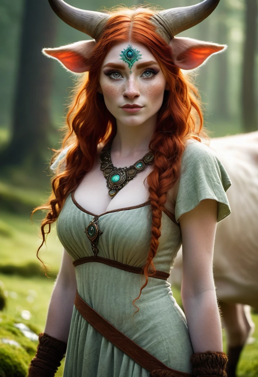 A Sexy mythical Humanoid creature called a firbolg. Unnatural red hair. Unnaturally thick eye brows.Snout like nose, large cow like ears. A long cow like tail. Feet like a pigs. Weareing hbeautiful handmade dress. 