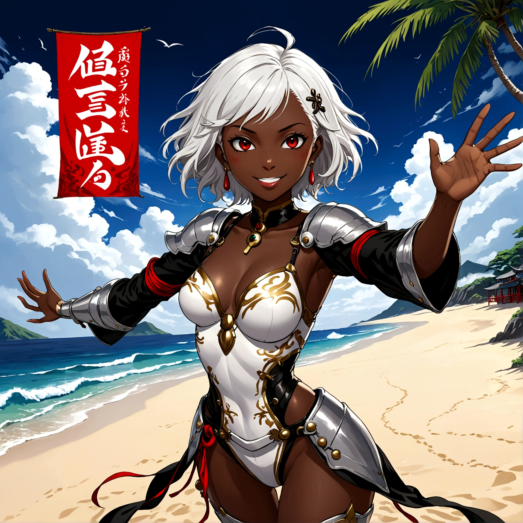 Câmera Angle from bottom to top, Full body image, african woman, open arms pose, face Contempt, evil smile, white hair short, full armor angelical fantasy, sweating, body a little fat, Hyper realistic night beach background, persona 5 niji style, Japanese writing on the edges with Shangri-La written on at the edges