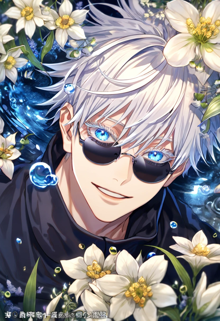 absurdres, highres, ultra detailed, HDR, master piece, Gojou Satoru, white hair with bangs, white eyelashes, expressive blue eyes, hair between the eyes, black shirt, Jujutsu Kaisen, man, handsome, best quality, blue moon, flowers, fantasy, magical, solo, water, blue shining fireflies, blue petals, Jujutsu Kaisen uniform, black round sunglasses, handsome smile