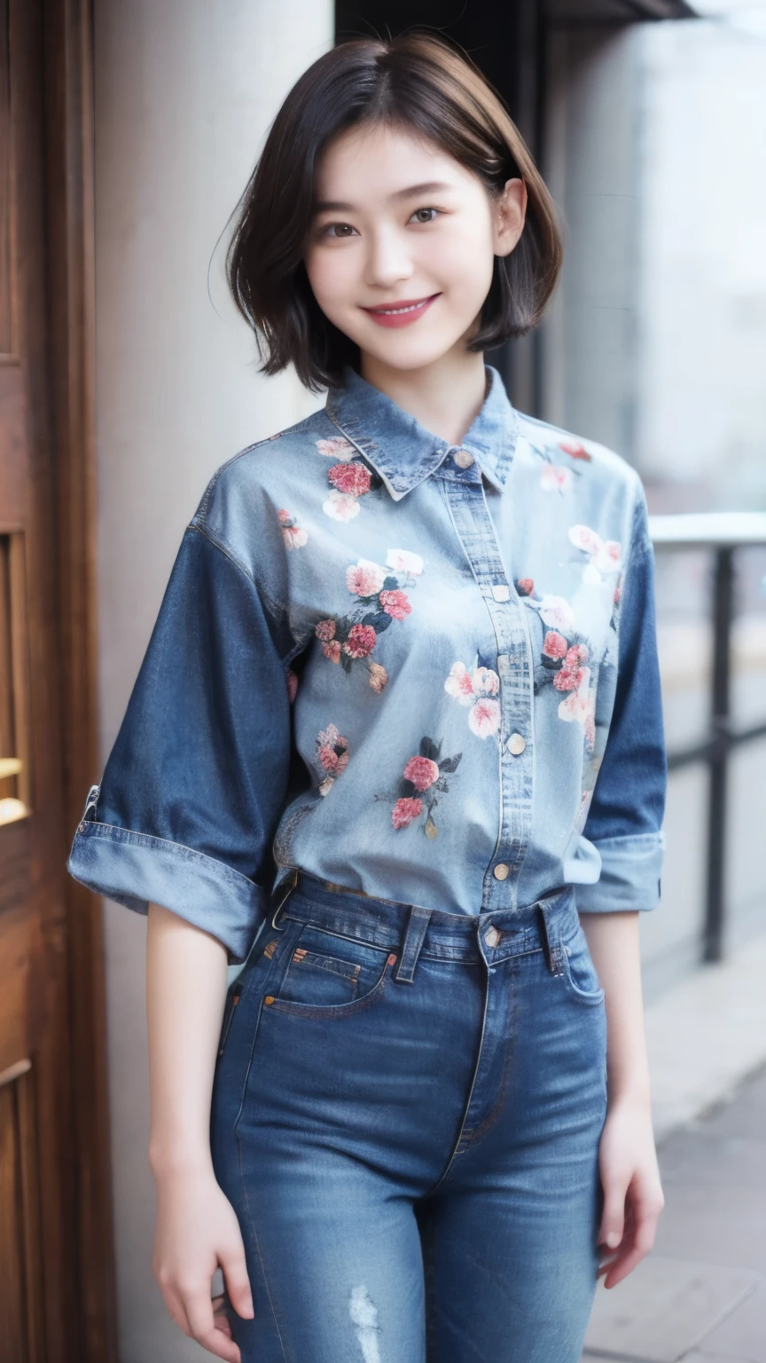 251 (18 year old female and 18 year old male), (short hair),kind, lipstick, (jeans), (FloralTshirt), smile