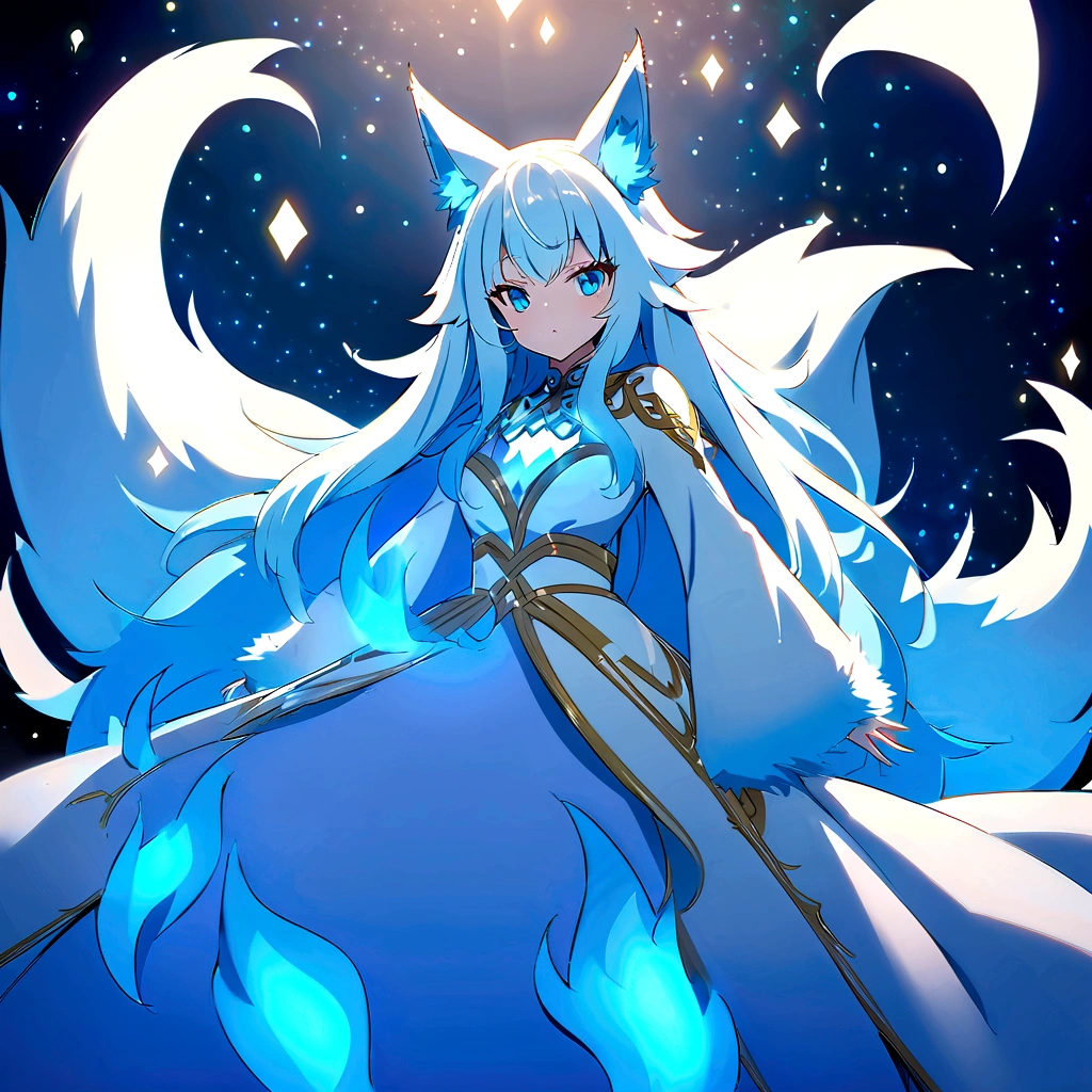 fox Light blue hair beast girl indigo fur fox beast girl Anime Style fox blue White-faced golden-haired nine-tailed fox Coat blue mysterious background Blue Flame girl have a ball of light fox Light blue hair beast girl indigo fur fox beast girl