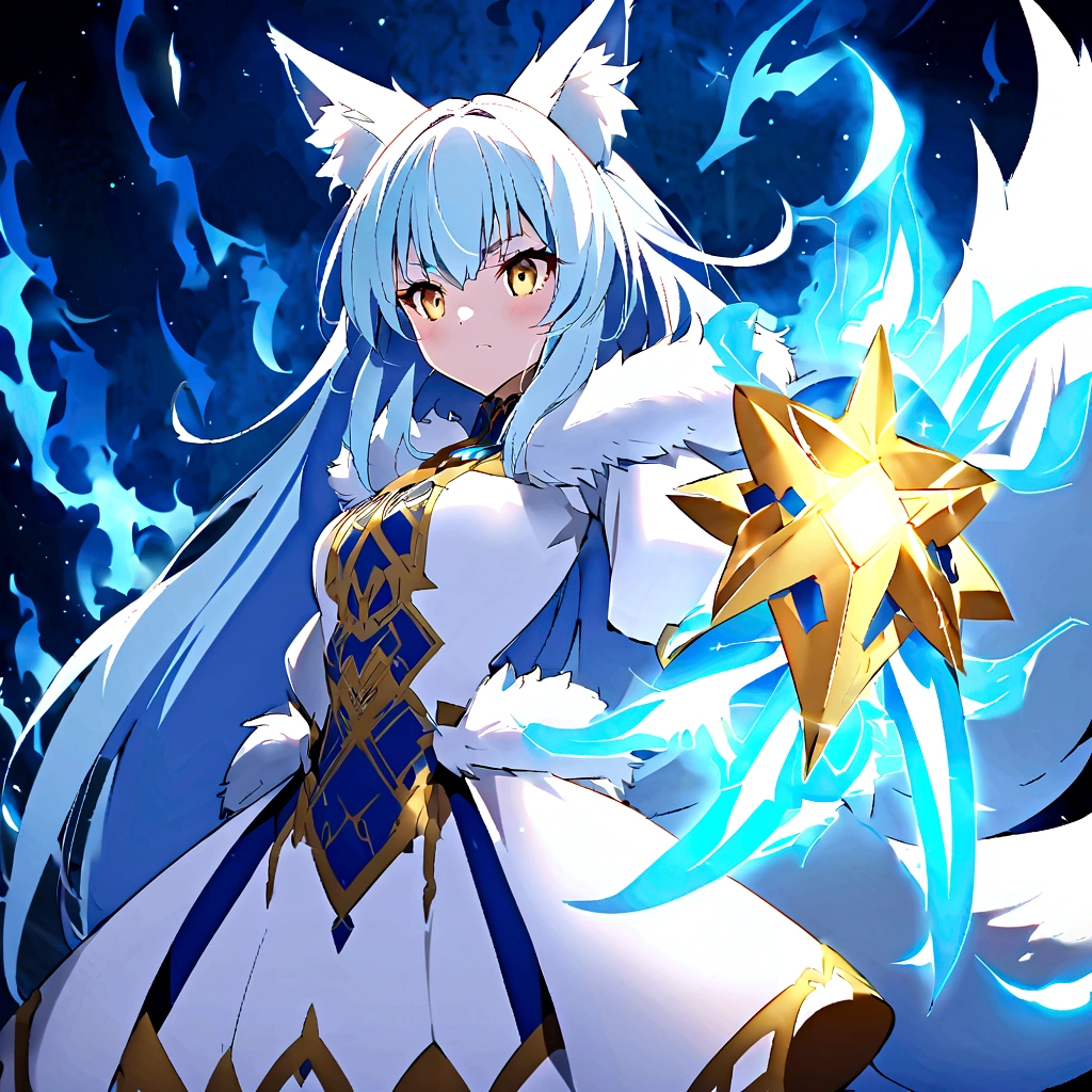 fox Light blue hair 　beast girl　indigo fur　fox beast girl　Anime Style　fox　blue　White-faced golden-haired nine-tailed fox　Coat blue　　　mysterious background　Blue Flame　girl　have a ball of light　fox Light blue hair 　beast girl　indigo fur　fox beast girl