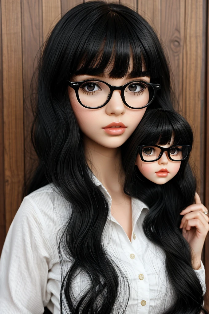 blythe doll with long bangs, black hair, wavy, big lips and glasses