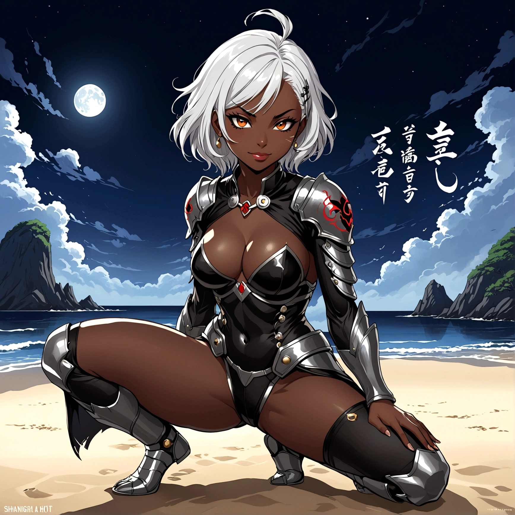 Full body image, african woman, Squatting with your hand on your knee,  face Contempt, evil smile, white hair short, full armor dark demoniac hyper sexy fantasy, , sweating, body a little fat, Hyper realistic night beach background, persona 5 manga style, Japanese writing on the edges with Shangri-La written on at the edges, Angle from bottom to top